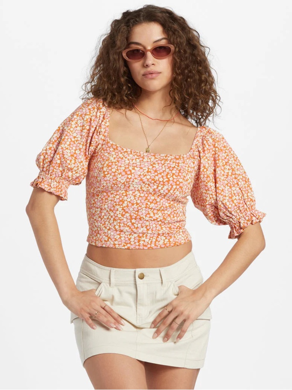 Billabong Flora Top - Orange Floral Puff Sleeve Blouse